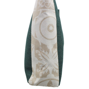 Green Canvas Tote Bag with Leather Straps and Beige Floral Side Accents - Made in Portugal