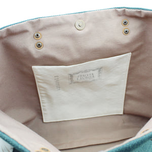 Green Canvas Tote Bag with Leather Straps and Beige Floral Side Accents - Made in Portugal