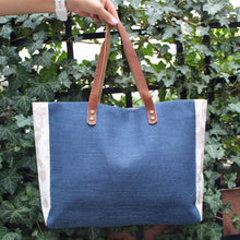 Load image into Gallery viewer, Praceta Lisboa Blue Canvas Tote Bag with Cream Azulejo Tile Design and Leather Straps
