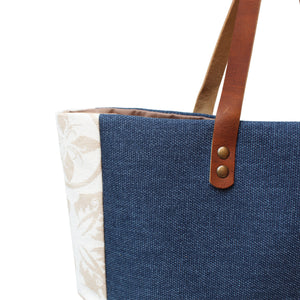 Praceta Lisboa Blue Canvas Tote Bag with Cream Azulejo Tile Design and Leather Straps