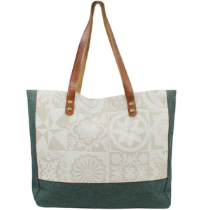 Canvas Tote Bag with Beige Azulejo Tile Pattern, Green Bottom, and Leather Straps