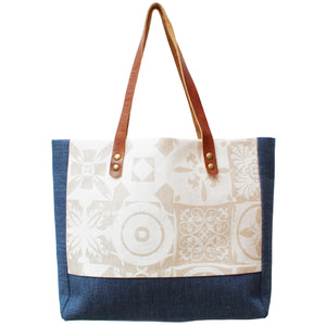 Praceta Lisboa Blue Canvas Tote Bag with Cream Azulejo Tile Design and Leather Straps