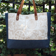 Load image into Gallery viewer, Praceta Lisboa Blue Canvas Tote Bag with Cream Azulejo Tile Design and Leather Straps
