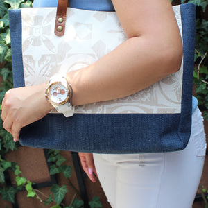 Praceta Lisboa Blue Canvas Tote Bag with Cream Azulejo Tile Design and Leather Straps