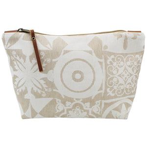 Portuguese Tile Pattern Clutch with Beige and White Design and Leather Pull - Made in Portugal