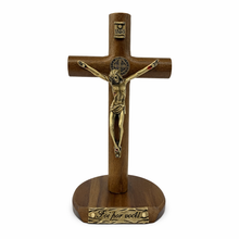 Load image into Gallery viewer, Wooden St. Benedict Crucifix with Detachable Base – Freestanding or Wall Hanging, Antique Brass Corpus &amp; Medal
