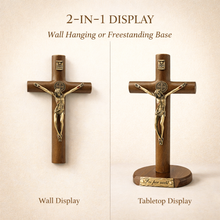 Load image into Gallery viewer, Wooden St. Benedict Crucifix with Detachable Base – Freestanding or Wall Hanging, Antique Brass Corpus &amp; Medal
