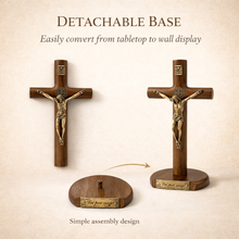 Load image into Gallery viewer, Wooden St. Benedict Crucifix with Detachable Base – Freestanding or Wall Hanging, Antique Brass Corpus &amp; Medal
