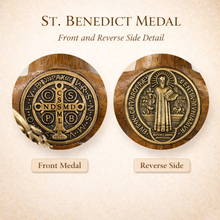 Load image into Gallery viewer, Wooden St. Benedict Crucifix with Detachable Base – Freestanding or Wall Hanging, Antique Brass Corpus &amp; Medal
