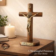 Load image into Gallery viewer, Wooden St. Benedict Crucifix with Detachable Base – Freestanding or Wall Hanging, Antique Brass Corpus &amp; Medal
