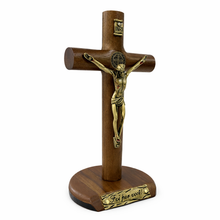 Load image into Gallery viewer, Wooden St. Benedict Crucifix with Detachable Base – Freestanding or Wall Hanging, Antique Brass Corpus &amp; Medal
