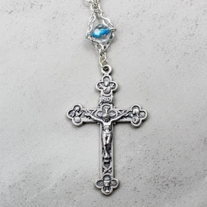 Our Lady of Fatima Rosary with Clear & Blue Beads, Medallion, and Case