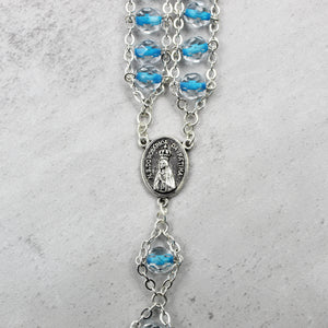 Our Lady of Fatima Rosary with Clear & Blue Beads, Medallion, and Case