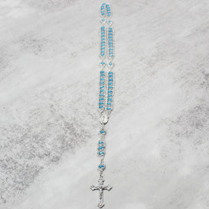 Our Lady of Fatima Rosary with Clear & Blue Beads, Medallion, and Case