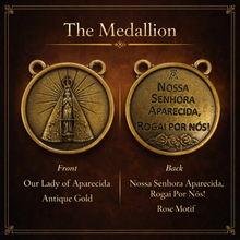 Load image into Gallery viewer, Our Lady of Aparecida Hanging Rosary — 21mm Imbuia Wood Beads, Double-Sided Medal &amp; St. Benedict Crucifix
