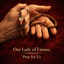 Load image into Gallery viewer, Our Lady of Fátima Wooden Rosary – 8mm Natural Wood Beads, Wooden Crucifix with Metal Corpus
