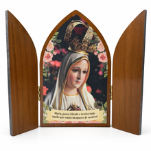 Load image into Gallery viewer, Our Lady of Fatima Wooden Triptych Shrine with Hinged Side Panels &amp; Portuguese Prayer
