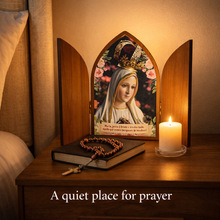 Load image into Gallery viewer, Our Lady of Fatima Wooden Triptych Shrine with Hinged Side Panels &amp; Portuguese Prayer
