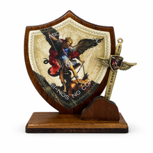 Load image into Gallery viewer, St. Michael Sword &amp; Prayer Plaque Set – Wooden Devotional Stand with Sword Charm
