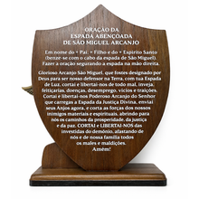 Load image into Gallery viewer, St. Michael Sword &amp; Prayer Plaque Set – Wooden Devotional Stand with Sword Charm
