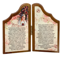 Load image into Gallery viewer, Our Lady of Fatima Wooden Diptych Prayer Plaque – Catholic Devotional Folding Panel
