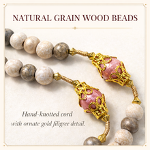 Load image into Gallery viewer, Our Lady of Fátima Wood Rosary with Pink Gold Filigree Accents, 8mm Beads
