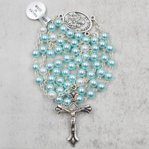 St. Joseph Rosary with Light Blue Beads, Medallion, and Case