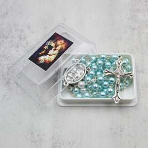 St. Joseph Rosary with Light Blue Beads, Medallion, and Case