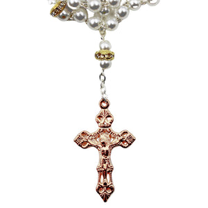 Our Lady of Fatima Elegant White Pearl Gold Rosary