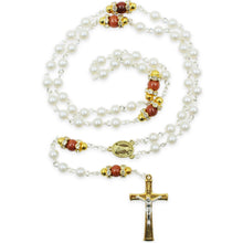 Load image into Gallery viewer, Our Lady of Fatima Rosary - 6mm White Pearl Beads with Goldstone Our Father Beads and Gold Tone Crucifix
