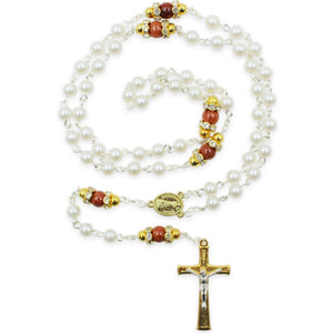 Our Lady of Fatima Rosary - 6mm White Pearl Beads with Goldstone Our Father Beads and Gold Tone Crucifix