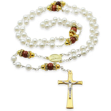 Load image into Gallery viewer, Our Lady of Fatima Rosary - 6mm White Pearl Beads with Goldstone Our Father Beads and Gold Tone Crucifix
