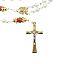 Load image into Gallery viewer, Our Lady of Fatima Rosary - 6mm White Pearl Beads with Goldstone Our Father Beads and Gold Tone Crucifix

