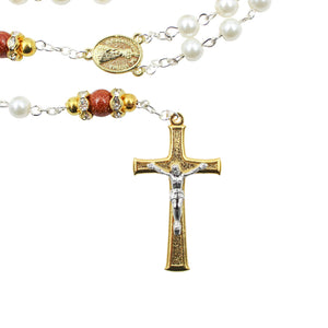 Our Lady of Fatima Rosary - 6mm White Pearl Beads with Goldstone Our Father Beads and Gold Tone Crucifix