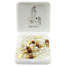 Load image into Gallery viewer, Our Lady of Fatima Rosary - 6mm White Pearl Beads with Goldstone Our Father Beads and Gold Tone Crucifix
