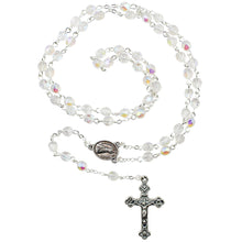 Load image into Gallery viewer, Our Lady of Fatima Rosary – 5mm Iridescent Glass Beads with Silver Tone Crucifix and Fatima Medallion
