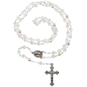 Our Lady of Fatima Rosary – 5mm Iridescent Glass Beads with Silver Tone Crucifix and Fatima Medallion