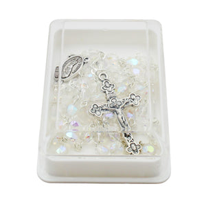 Our Lady of Fatima Rosary – 5mm Iridescent Glass Beads with Silver Tone Crucifix and Fatima Medallion