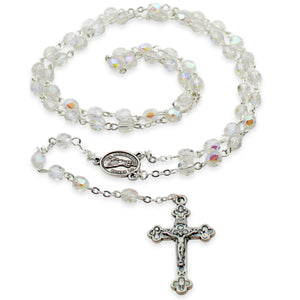 Our Lady of Fatima Rosary – 5mm Iridescent Glass Beads with Silver Tone Crucifix and Fatima Medallion