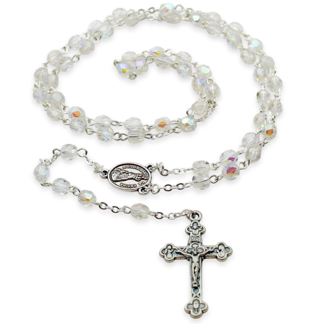 Our Lady of Fatima Rosary – 5mm Iridescent Glass Beads with Silver Tone Crucifix and Fatima Medallion