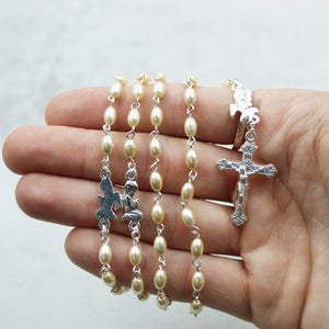 Our Lady of Fatima Rosary with Cream Oval Beads, Medallion, and Case