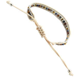 Beige Woven Friendship Bracelet – Adjustable Cord Design with Silver Accents and Multicolor Glass Beads