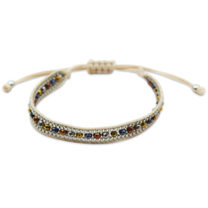 Beige Woven Friendship Bracelet – Adjustable Cord Design with Silver Accents and Multicolor Glass Beads