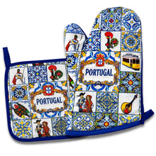 Load image into Gallery viewer, Portugal Oven Mitt &amp; Pot Holder Set - Azulejo Tile &amp; Barcelos Rooster Kitchen Set with Portuguese Icons Design

