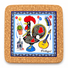 Load image into Gallery viewer, Portugal Rooster Cork Trivet with Ceramic Tile Center – 7.75"
