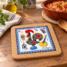 Load image into Gallery viewer, Portugal Rooster Cork Trivet with Ceramic Tile Center – 7.75"
