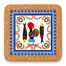 Load image into Gallery viewer, Portugal Rooster &amp; Sardines Cork Trivet with Ceramic Tile – 7.75"
