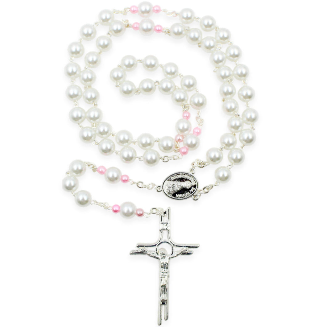 Our Lady of Fatima Rosary with 8mm Pearl Beads and Pink Accents