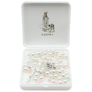 Our Lady of Fatima Rosary with 8mm Pearl Beads and Pink Accents