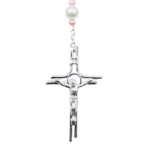 Our Lady of Fatima Rosary with 8mm Pearl Beads and Pink Accents
